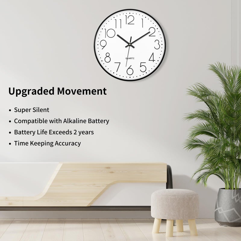 Foxtop Black Wall Clock 12 Inch Silent Non Ticking Quartz Battery Operated Round Clock Easy to Read for Office Classroom School Home Living Room Bedroom Kitchen Decor - Image 3